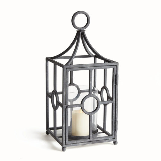 Aged Zinc Metal & Glass Outdoor Candle Lantern - Image 1