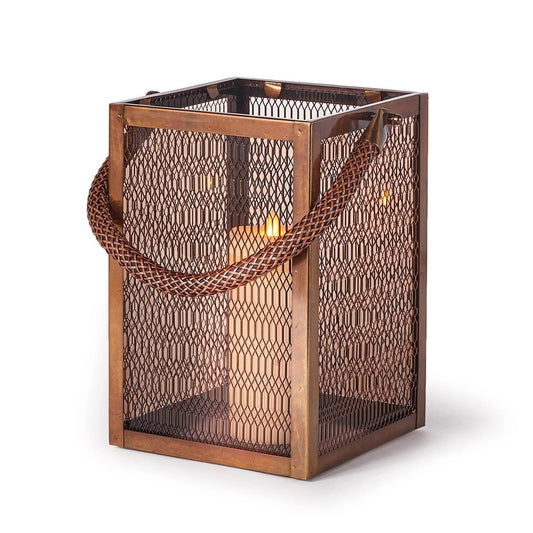 Bronze Metal & Glass Lantern with Rope Handle - Image 1